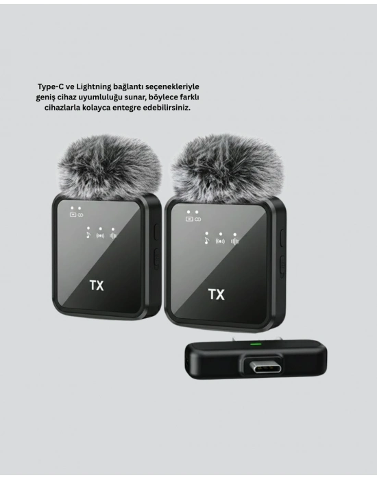 ® 2in1 Kablosuz Yaka Mikrofonu iOS ve Android Uyumlu