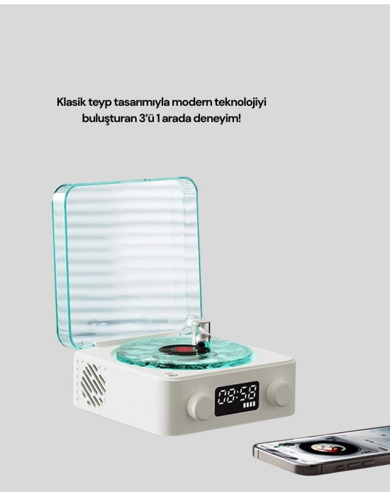 3-1 Kablosuz Bluetooth Hoparlör – Gece Lambalı, Saatli, Retro Tasarım