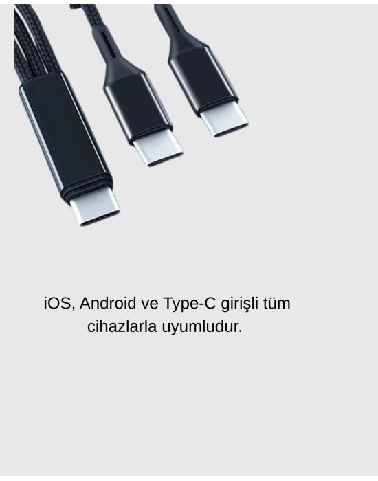 ® 3 Başlıklı Hızlı Şarj Kablosu Metal Alaşımlı Dayanıklı ve Akıllı Çipli