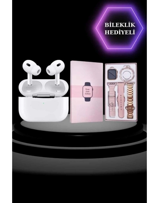® 3 Kordonlu Pembe Amoled Ekran Akıllı Saat ve Yeni Nesil Pro Kablosuz Bluetooth Kulaklık ANC/ENC