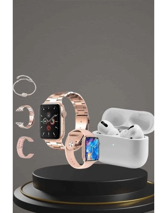 ® 3 Kordonlu Pembe Amoled Ekran Akıllı Saat ve Yeni Nesil Pro Kablosuz Bluetooth Kulaklık ANC/ENC