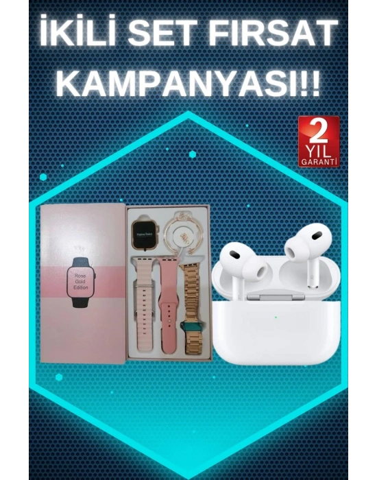 ® 3 Kordonlu Pembe Amoled Ekran Akıllı Saat ve Yeni Nesil Pro Kablosuz Bluetooth Kulaklık ANC/ENC