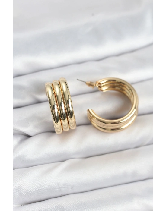 ® 3lü Görünüm 316L Çelik Gold Renk Kadın Küpe