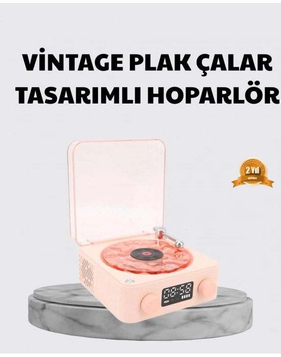 ® 3-ü-1 Gece Işığı Bluetooth Hoparlör ve Dijital Saat Vintage Plak Çalar Tasarımlı