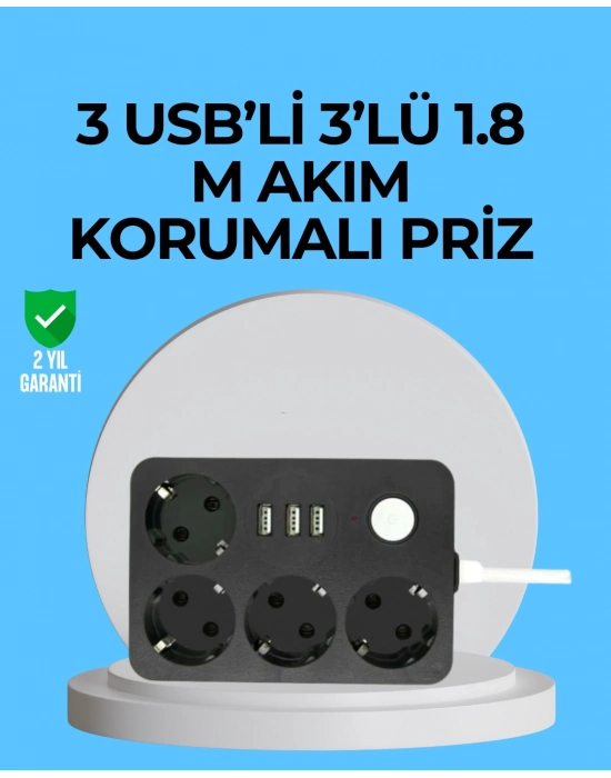 ® 3 USB Çıkışlı 4’lü Akıllı Priz 2500W 2 Metre Kablo