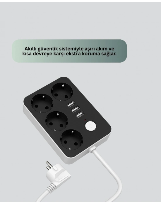 ® 3 USB Çıkışlı 4’lü Akıllı Priz 2500W 2 Metre Kablo