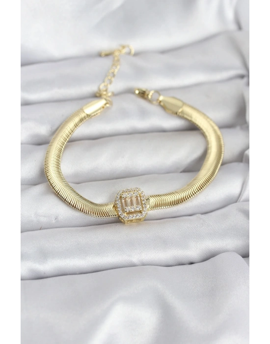 ® 316L Çelik Gold Renk Baget Zirkon Taşlı Yılan Zincirli Kadın Bileklik