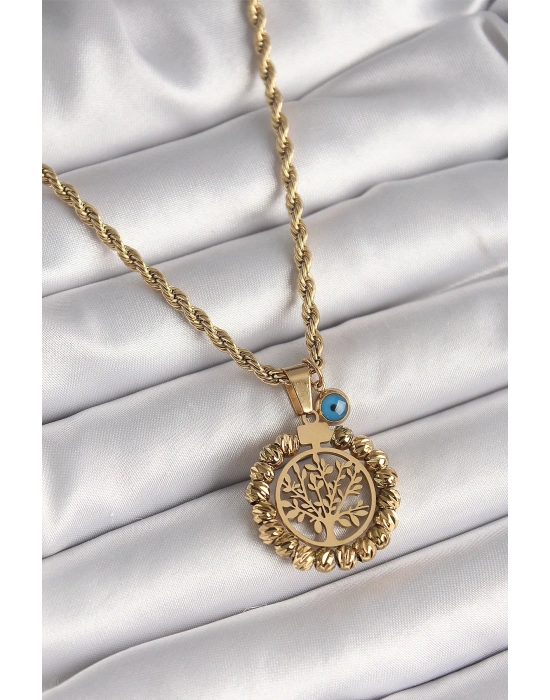 ® 316L Çelik Gold Renk Burgu Zincir Dorika Yaşam Ağacı Figür Nazar Boncuk Detay Kadın Kolye
