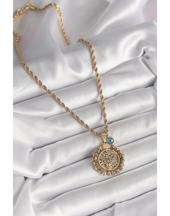 ® 316L Çelik Gold Renk Burgu Zincir Dorika Yaşam Ağacı Figür Nazar Boncuk Detay Kadın Kolye