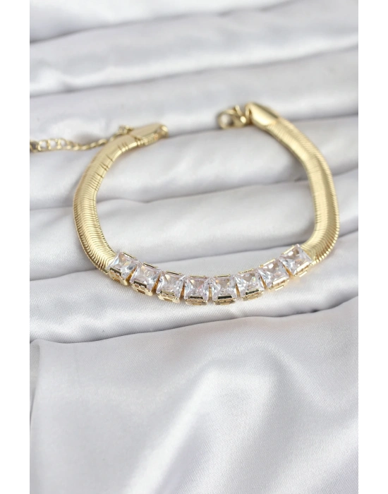 ® 316L Çelik Gold Renk Kare Zirkon Taşlı Yılan Zincirli Kadın Bileklik