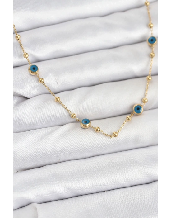 ® 316L Çelik Gold Renk Nazarlı ve Topçuklu Model Kadın Kolye