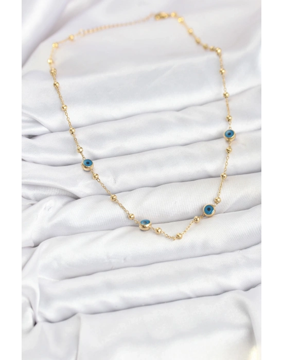 ® 316L Çelik Gold Renk Nazarlı ve Topçuklu Model Kadın Kolye