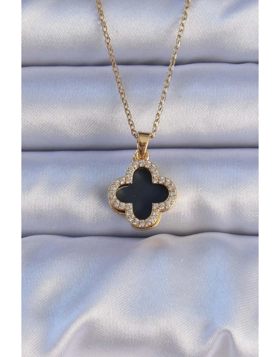 ® 316L Çelik Gold Renk Siyah Mineli Zirkon Taşlı Yonca Figürlü Kolye