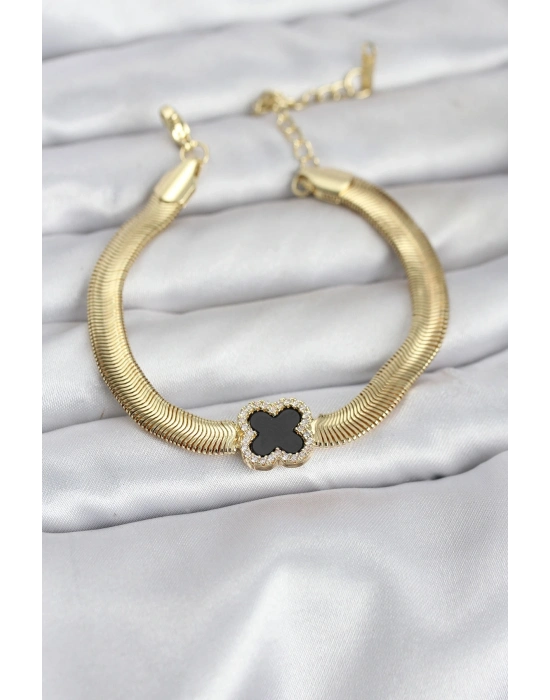 ® 316L Çelik Gold Renk Siyah Yonca Model Zirkon Taşlı Yılan Zincirli Kadın Bileklik