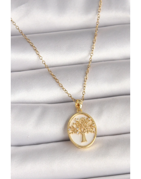 ® 316L Çelik Gold Renk Zincir Zirkon Taş Detaylı Beyaz Mineli Ağaç İşlemeli Portre Model Kadın Kolye