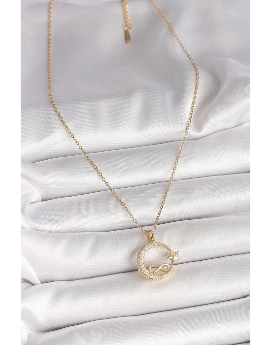 ® 316L Çelik Gold Renk Zincir Zirkon Taşlı Ay Yıldız Model Sonsuzluk Detay Kadın Kolye