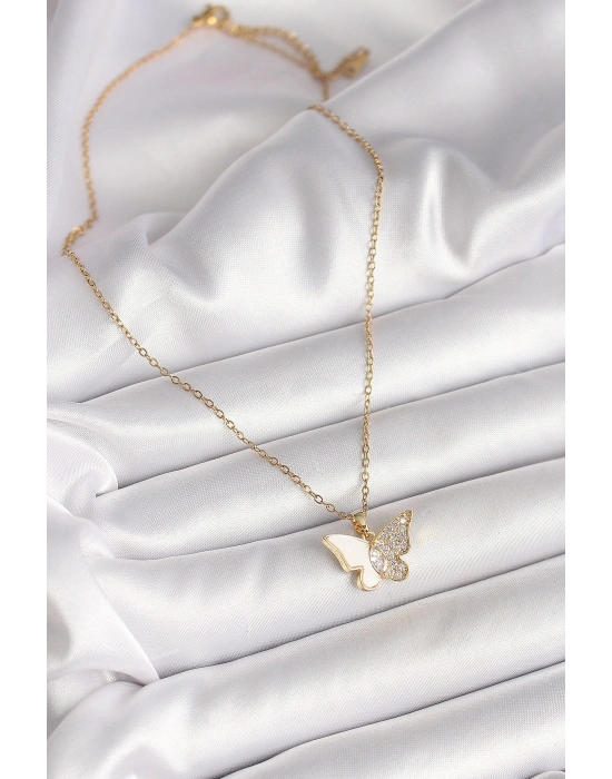 ® 316L Çelik Gold Renk Zincir Zirkon Taşlı Beyaz Mineli Kelebek Model Kadın Kolye