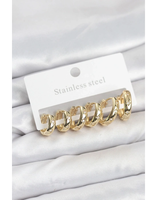 ® 316L Çelik Gold Renk Zirkon Taşlı Kutup Yıldızı Model Halka Küpe Seti