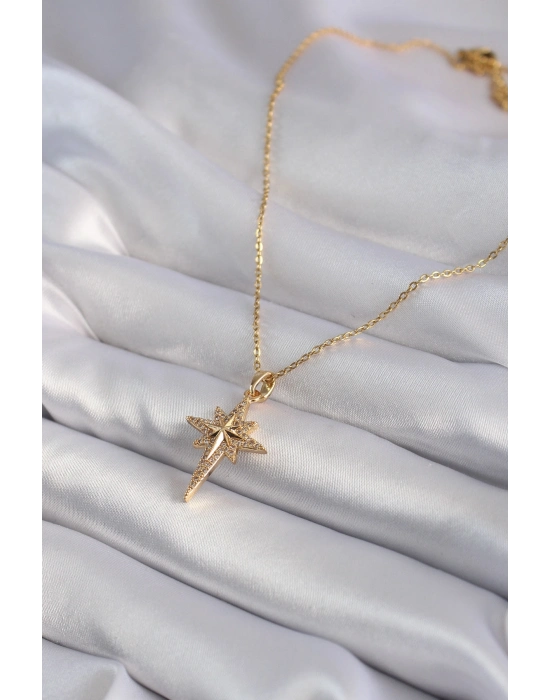 ® 316L Çelik Gold Renk Zirkon Taşlı Kutup Yıldızı Model Kadın Kolye