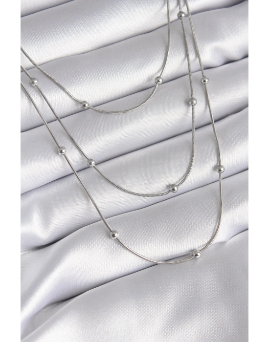 ® 316L Çelik Gümüş Renk 3lü Topçuk Detay Kadın Kolye