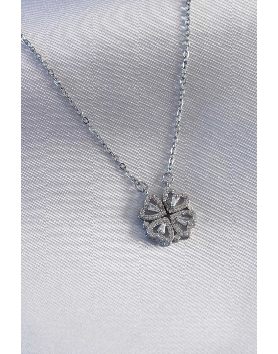 ® 316L Çelik Gümüş Renk Açılır Yonca Model Kadın Kolye