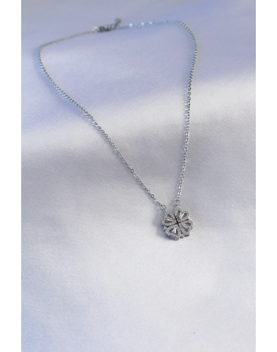 ® 316L Çelik Gümüş Renk Açılır Yonca Model Kadın Kolye