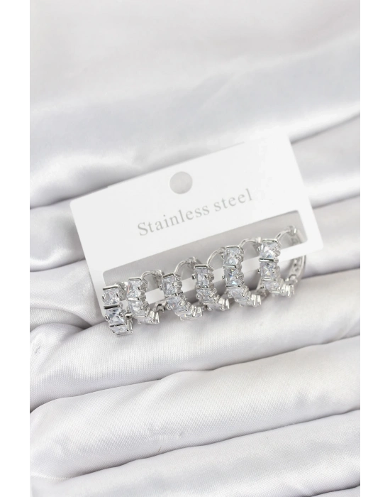 ® 316L Çelik Gümüş Renk Baget Zirkon Taşlı Halka Küpe Seti