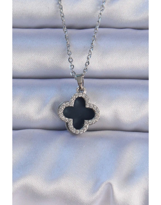 ® 316L Çelik Gümüş Renk Siyah Mineli Zirkon Taşlı Yonca Figürlü Kolye