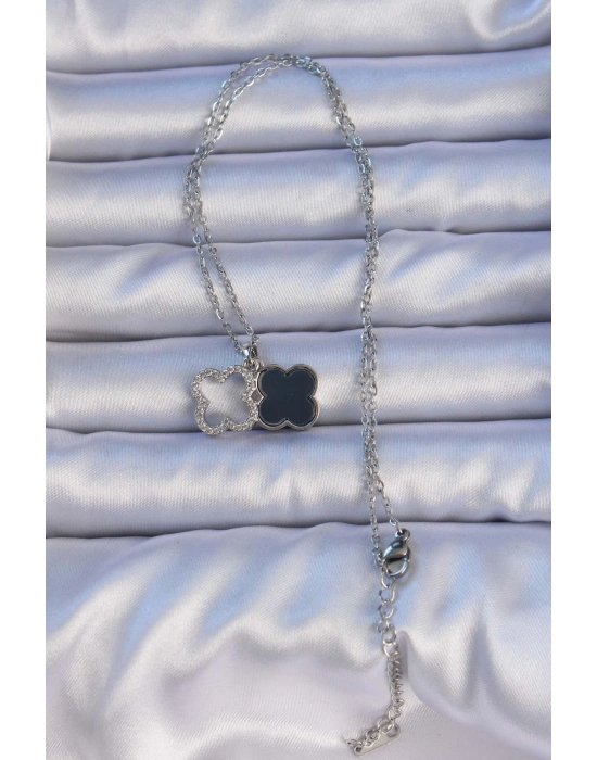 ® 316L Çelik Gümüş Renk Siyah Mineli Zirkon Taşlı Yonca Figürlü Kolye