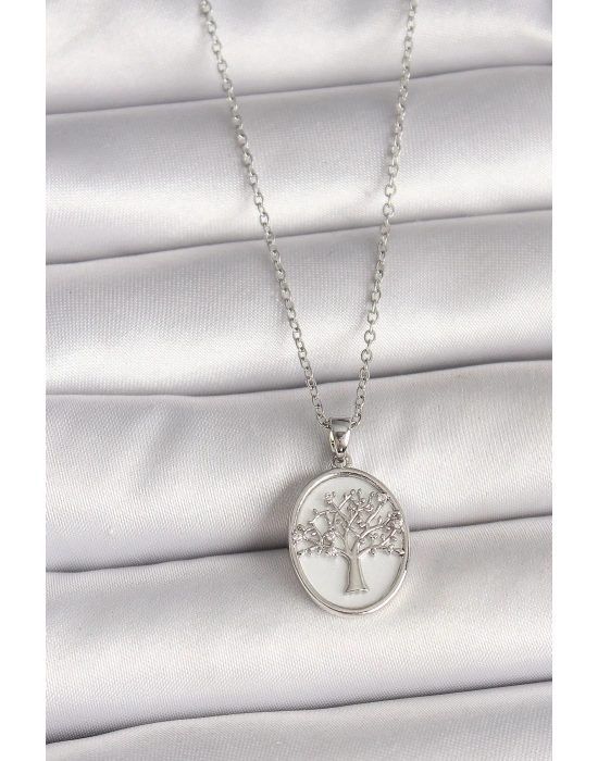 ® 316L Çelik Gümüş Renk Zincir Zirkon Taş İşlemeli Beyaz Mineli Ağaç İşlemeli Portre Model Kadın Kolye