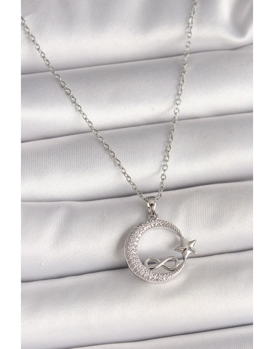 ® 316L Çelik Gümüş Renk Zincir Zirkon Taşlı Ay Yıldız Model Sonsuzluk Detay Kadın Kolye