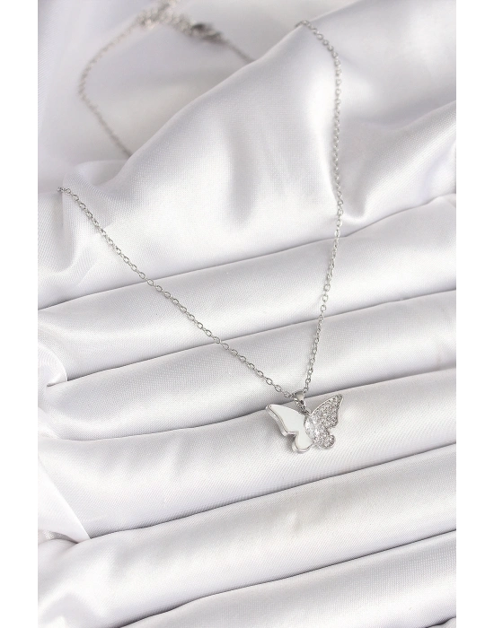 ® 316L Çelik Gümüş Renk Zincir Zirkon Taşlı Beyaz Mineli Kelebek Model Kadın Kolye