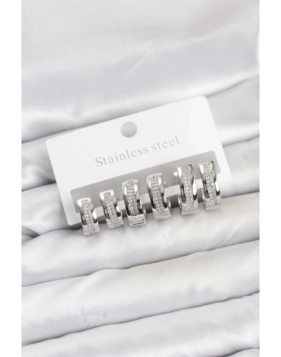 ® 316L Çelik Gümüş Renk Zirkon Taşlı Halka Küpe Seti