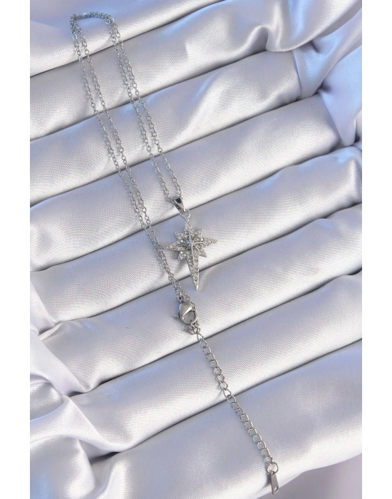 ® 316L Çelik Gümüş Renk Zirkon Taşlı Kutup Yıldızı Model Kolye