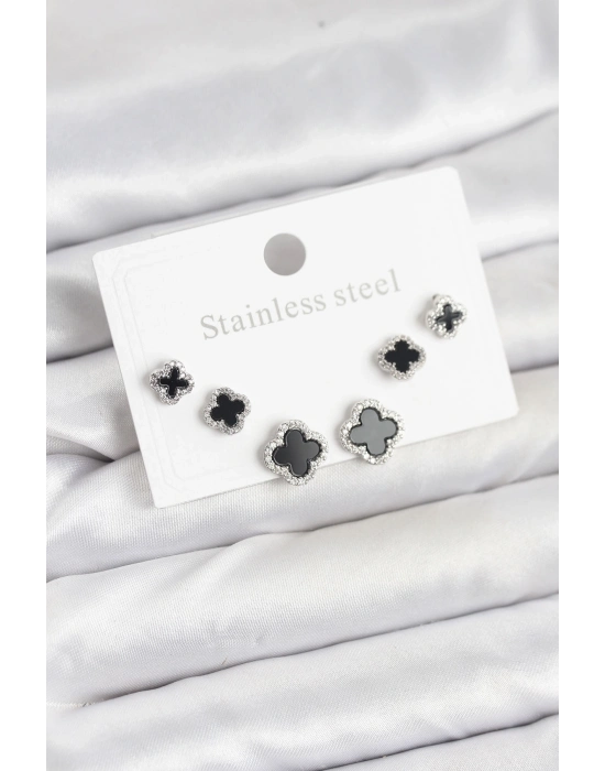 ® 316L Çelik Gümüş Renk Zirkon Taşlı Yonca Model Kadın Küpe Seti