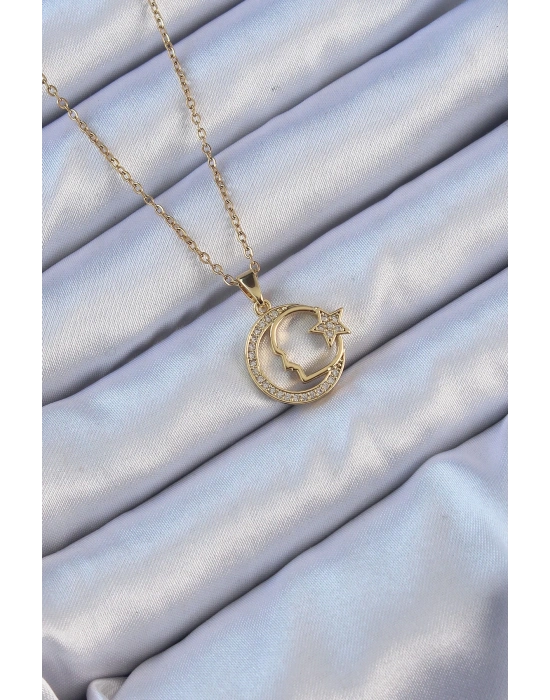 ® 316L Çelik Zincir Altın Renk Zirkon Taşlı Ay Yıldız Simgeli Atatürk Kolye