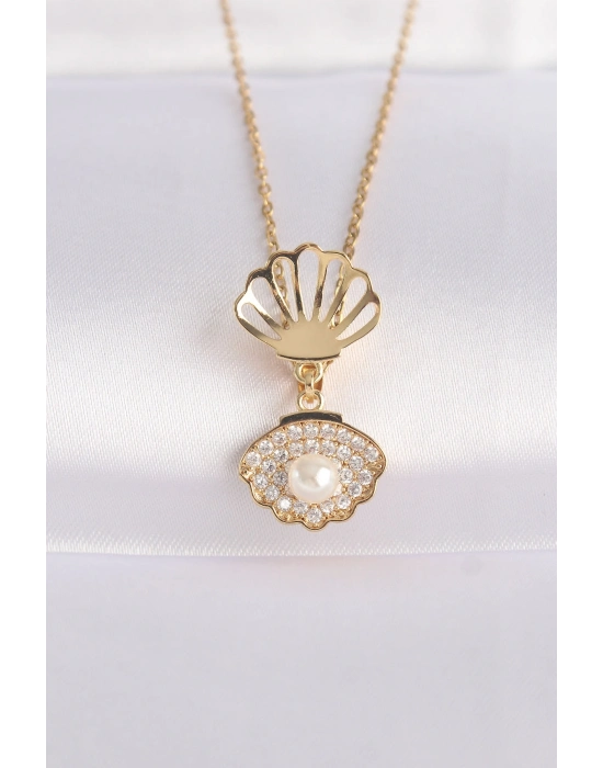 ® 316L Çelik Zincir Altın Renk Zirkon Taşlı İnci Detay İstiridye Kolye