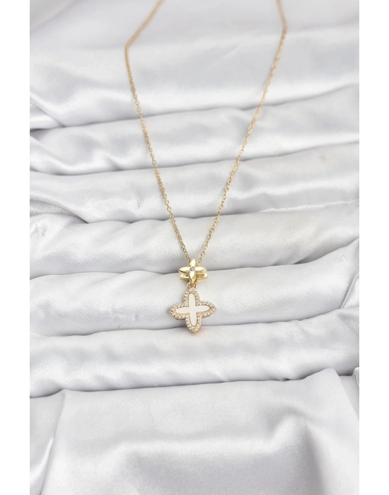 ® 316L Çelik Zincir Gold Renk 4 Yapraklı Yonca Model Zirkon Taşlı Kadın Kolye