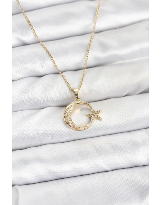 ® 316L Çelik Zincir Gold Renk Ay Yıldız Model Zirkon Taşlı Kadın Kolye