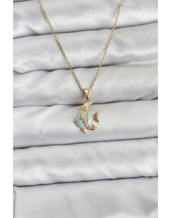 ® 316L Çelik Zincir Gold Renk Balık Model Zirkon Taşlı Kadın Kolye