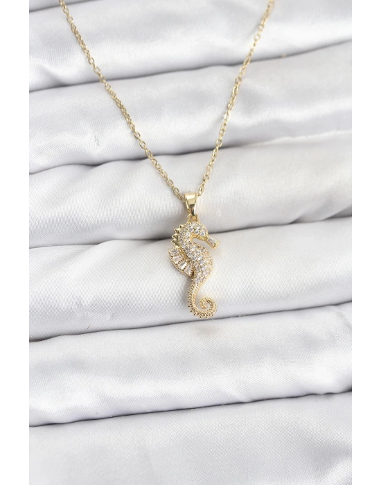 ® 316L Çelik Zincir Gold Renk Deniz Atı Model Zirkon Taşlı Kadın Kolye