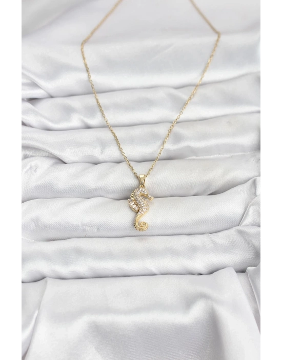 ® 316L Çelik Zincir Gold Renk Deniz Atı Model Zirkon Taşlı Kadın Kolye