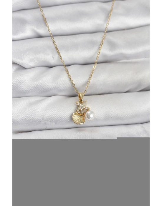 ® 316L Çelik Zincir Gold Renk Deniz Kabuğu ve Deniz Yıldızı Model Zirkon Taşlı Kadın Kolye