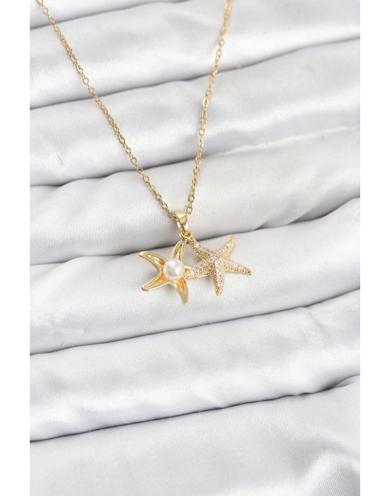 ® 316L Çelik Zincir Gold Renk Deniz Yıldızı Model Zirkon Taşlı Kadın Kolye