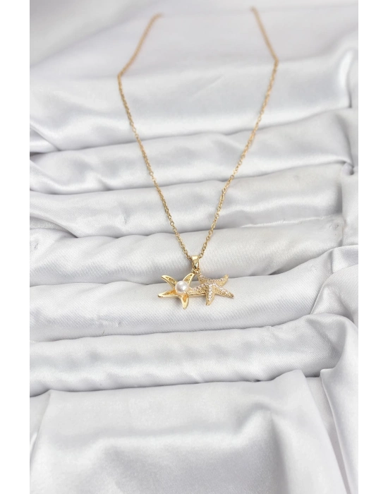 ® 316L Çelik Zincir Gold Renk Deniz Yıldızı Model Zirkon Taşlı Kadın Kolye