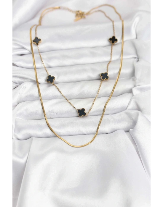 ® 316L Çelik Zincir Gold Renk İtalyan Zincirli Siyah Yonca Model Kadın Kolye
