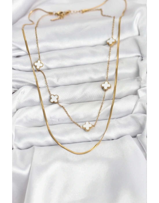 ® 316L Çelik Zincir Gold Renk İtalyan Zincirli Yonca Model Kadın Kolye