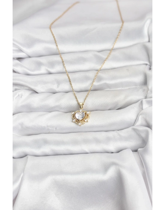 ® 316L Çelik Zincir Gold Renk Kalp Model Zirkon Taşlı Kadın Kolye