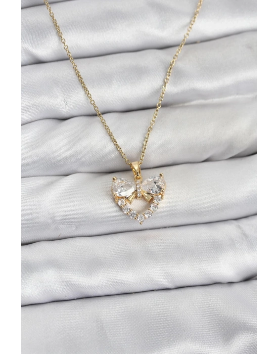 ® 316L Çelik Zincir Gold Renk Kalp ve Fiyonk Model Zirkon Taşlı Kadın Kolye