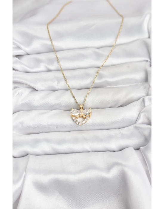 ® 316L Çelik Zincir Gold Renk Kalp ve Fiyonk Model Zirkon Taşlı Kadın Kolye